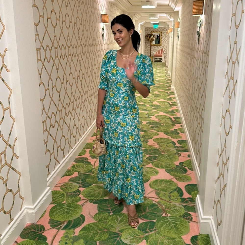 Rixo Silk Long Floral Teal Dress Size XS